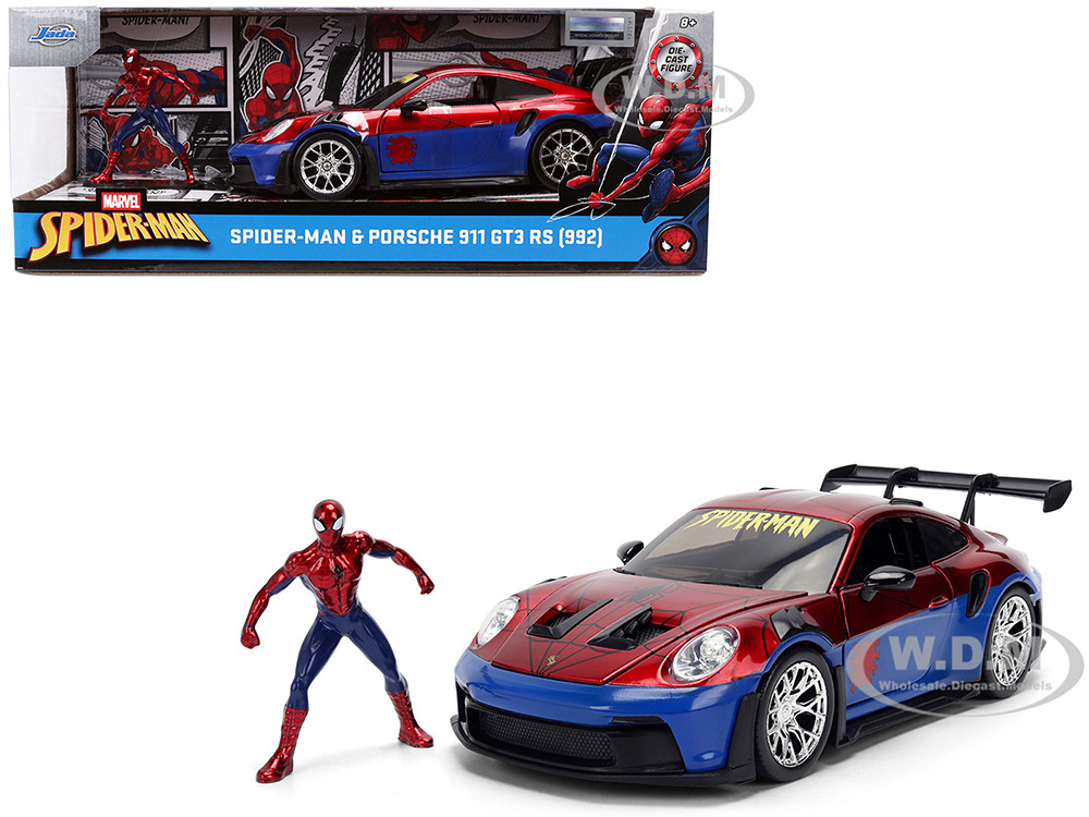 Porsche 911 GT3 RS (992) Red and Blue with Graphics and Spider-Man Diecast Figure "Marvel Spider-Man" "Hollywood Rides" Series 1/24 Diecast Model Car by Jada diecast model