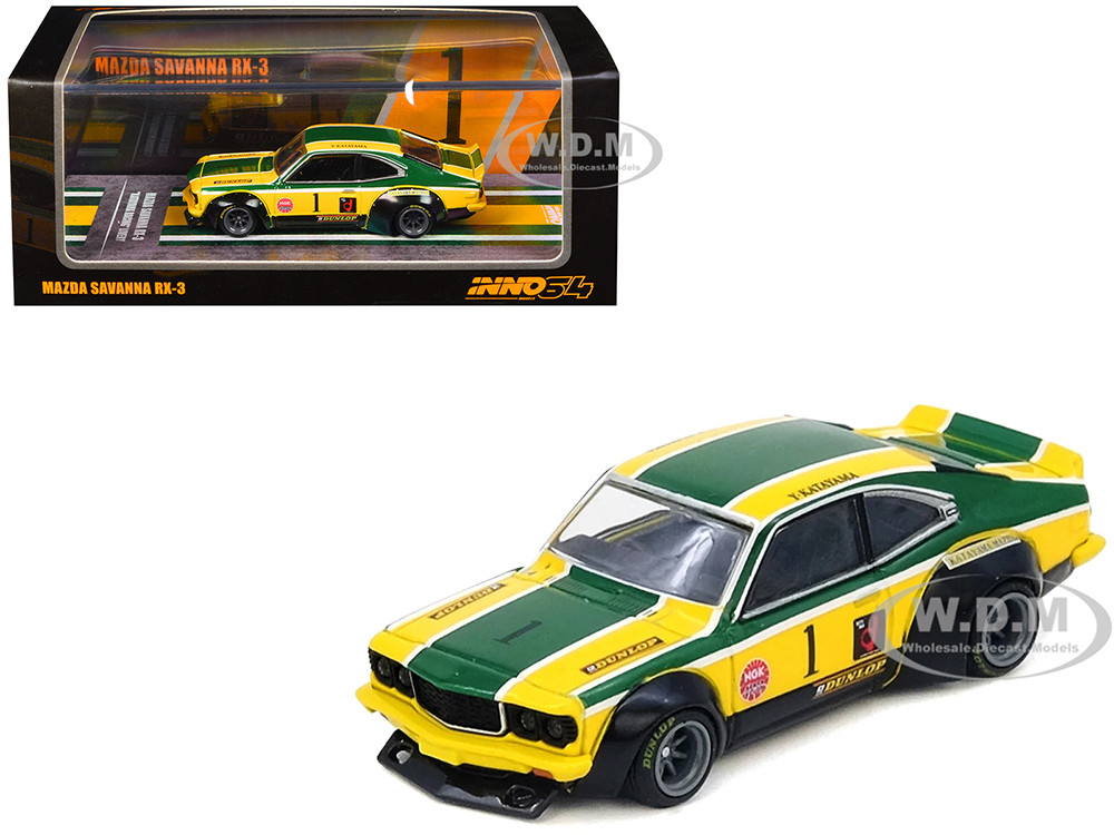 Mazda RX-3 Savanna RHD (Right Hand Drive) #1 "Katayama Racing Livery" Green and Yellow Striped 1/64 Diecast Model Car by Inno Models diecast model