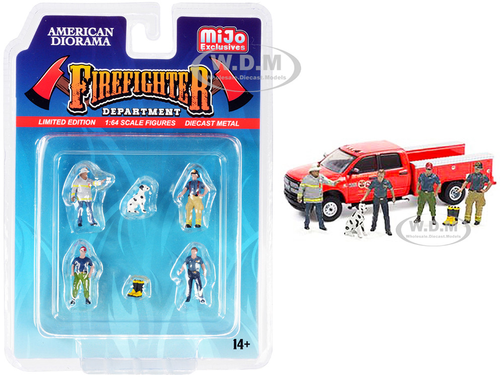 "Firefighter II" 6 piece Diecast Set (4 Figurines, 1 Dog and 1 Accessory) for 1/64 Scale Models by American Diorama diecast model