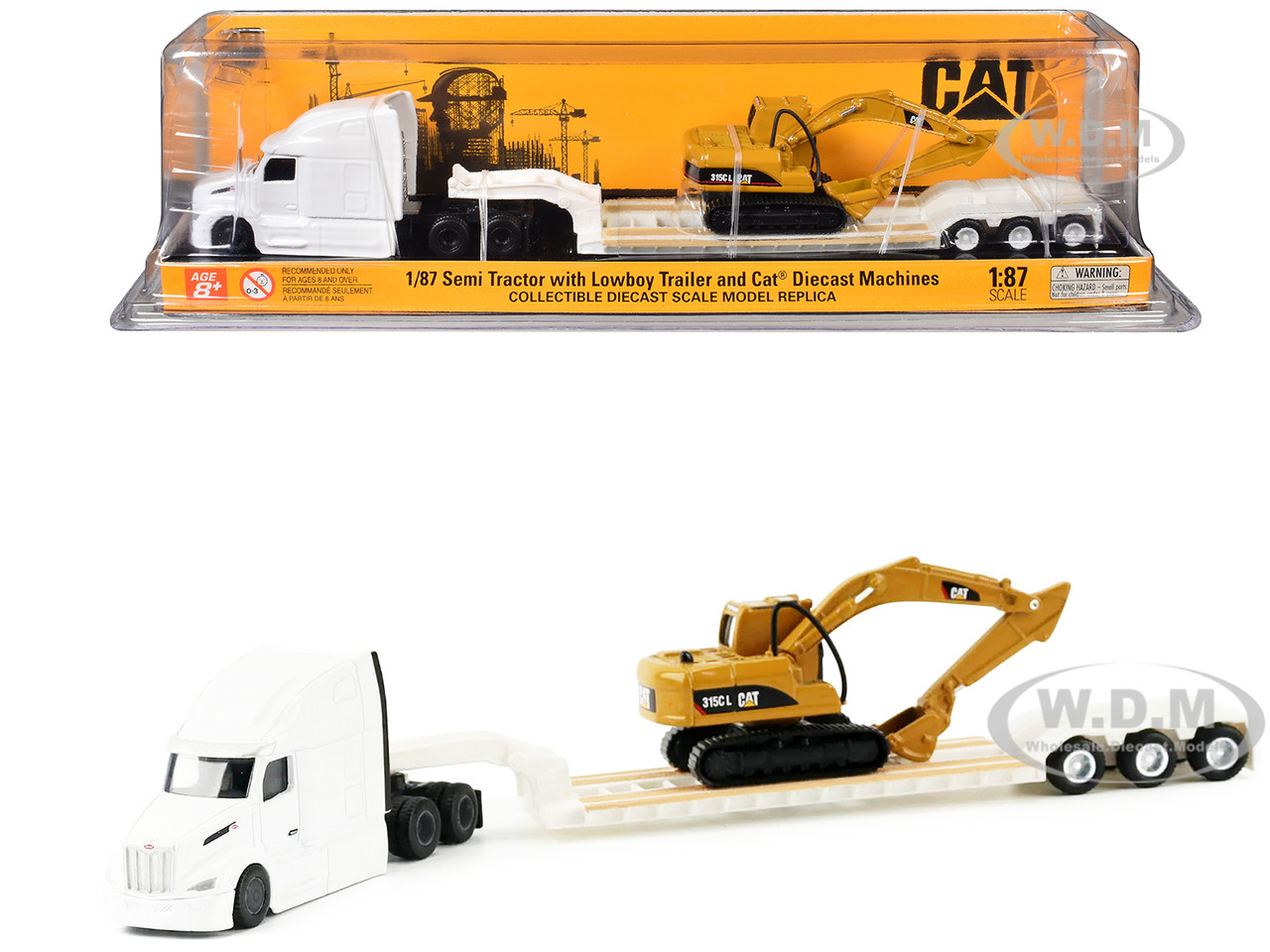 Peterbilt 579 Tractor White with Lowboy Trailer and CAT 315C Excavator Yellow 1/87 (HO) Diecast Model by Diecast Masters diecast model