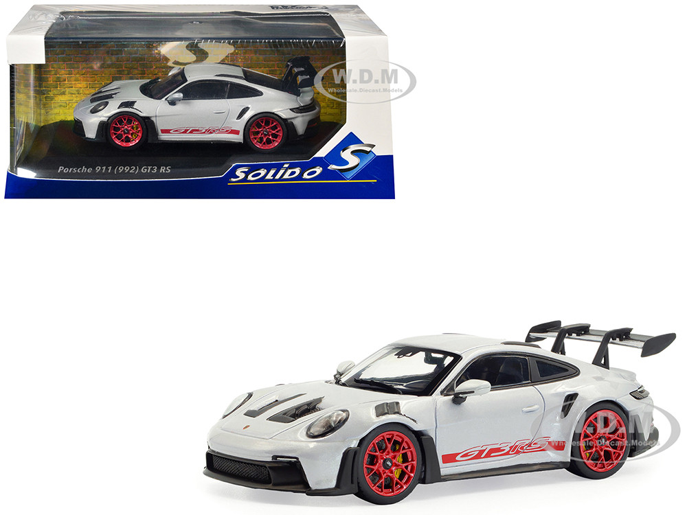 2023 Porsche 911 (992) GT3 RS Ice Gray Metallic with Pyro Red Stripes 1/43 Diecast Model Car by Solido diecast model
