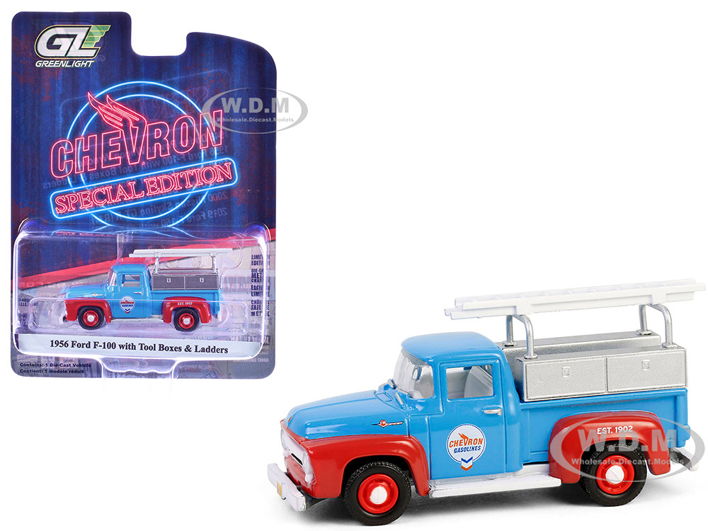 1956 Ford F-100 Pickup Truck with Tool Boxes and Ladders "Chevron" Blue and Red "Chevron Special Edition" Series 1 1/64 Diecast Model Car by Greenlight diecast model