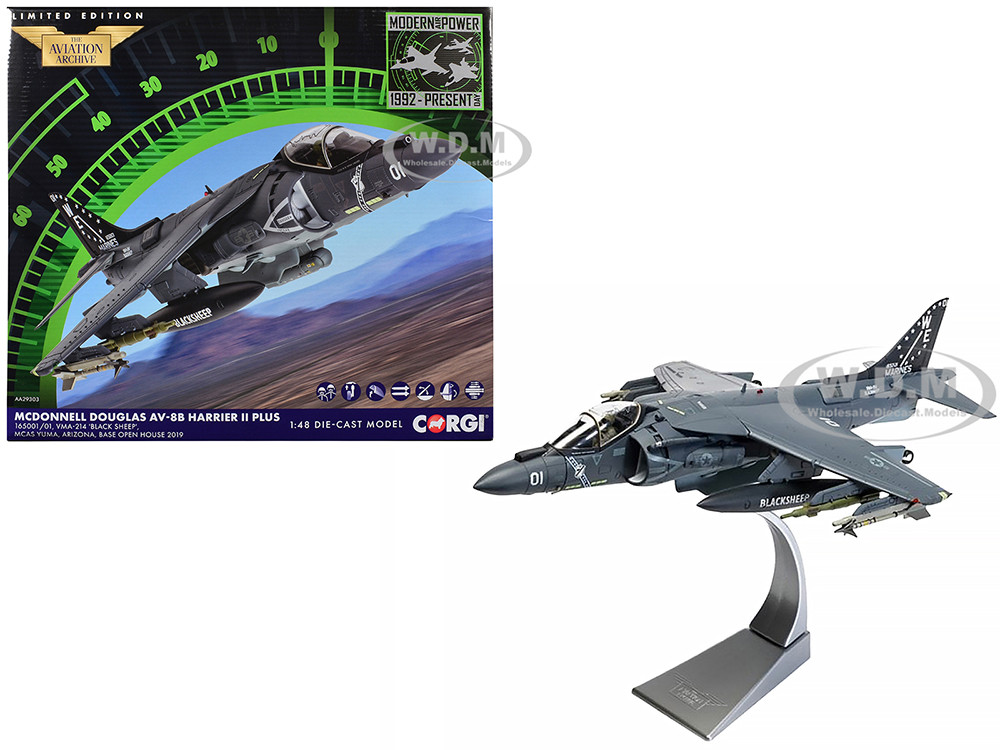 McDonnell Douglas AV-8B Harrier II Plus Aircraft "165001/01, VMA-214 Black Sheep, MCAS Yuma" (2019) United States Marine Corps "The Aviation Archive" Series 1/48 Diecast Model by Corgi diecast model