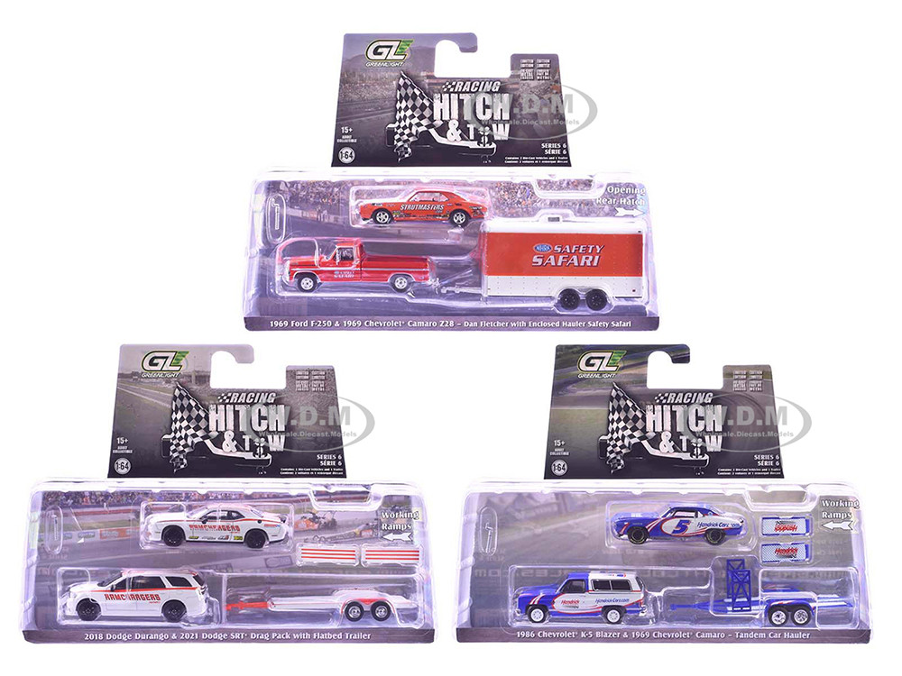"Racing Hitch & Tow" Series #6 Set of 3 pieces 1/64 Diecast Model Cars by Greenlight diecast model