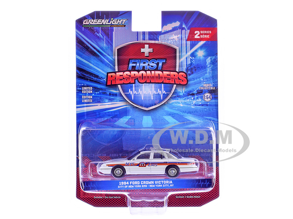 1994 Ford Crown Victoria "NYC EMS (City of New York Emergency Medical Service)" White with Blue and Red Stripes "First Responders" Series 2 1/64 Diecast Model Car by Greenlight diecast model