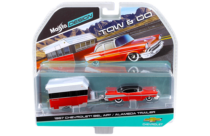 1957 Chevrolet Bel Air with Alameda Trailer Red Tow & Go 1/64 Diecast Model by Maisto diecast model