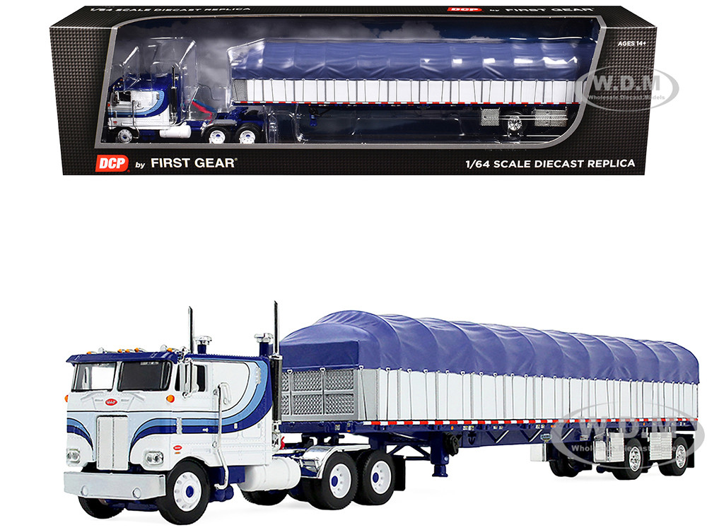 Peterbilt 352 COE 110" Sleeper and 53 Wilson Roadbrute Flatbed Trailer with Covered Wagon White with Blue Stripes 1/64 Diecast Model by DCP/First Gear diecast model