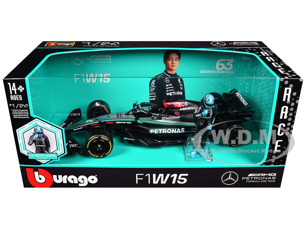 Mercedes-AMG F1 W15 E Performance #63 George Russell "Petronas" Formula One F1 Championship World Championship (2024) with Driver Figure 1/24 Diecast Model Car by Bburago diecast model