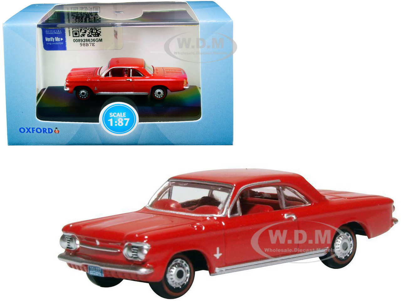 1963 Chevrolet Corvair Coupe Riverside Red with Red Interior 1/87 (HO) Scale Diecast Model Car by Oxford Diecast diecast model
