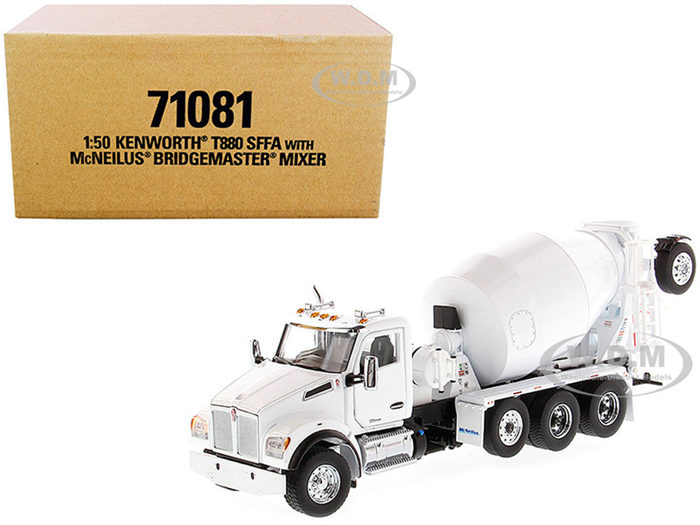 Kenworth T880 SFFA with McNeilus Bridgemaster Concrete Mixer White "Transport Series" 1/50 Diecast Model by Diecast Masters diecast model
