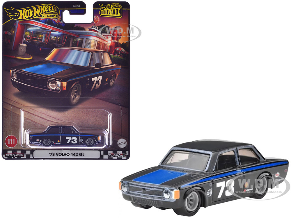 1973 Volvo 142 GL #73 Black with Blue Stripes and Hood "Boulevard" Series Diecast Model Car by Hot Wheels diecast model