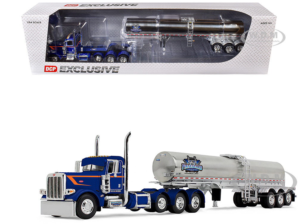 Peterbilt 389 Tri-Axle Day Cab and Walker Food Grade Tank Trailer "Finnesgard Trucking" Blue with Orange Stripes 1/64 Diecast Model by DCP/First Gear diecast model