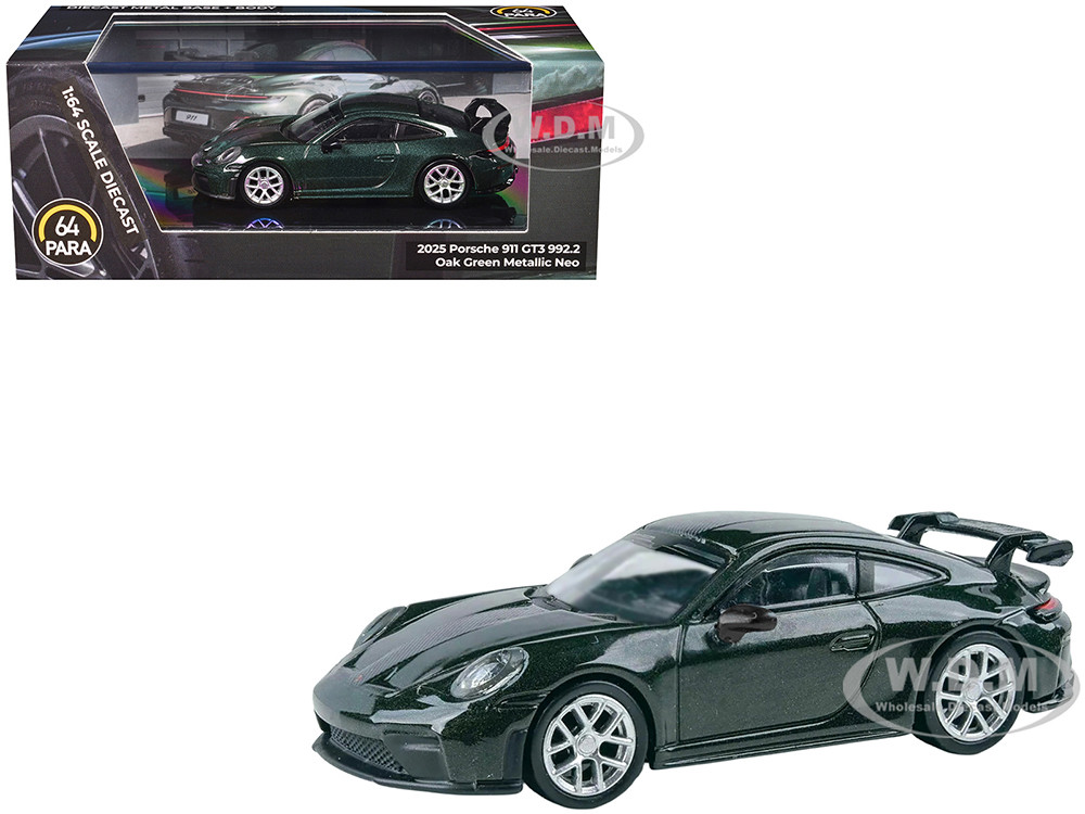 2025 Porsche 911 GT3 (992.2) Oak Green Metallic Neo with Carbon Stripe 1/64 Diecast Model Car by Paragon Models diecast model