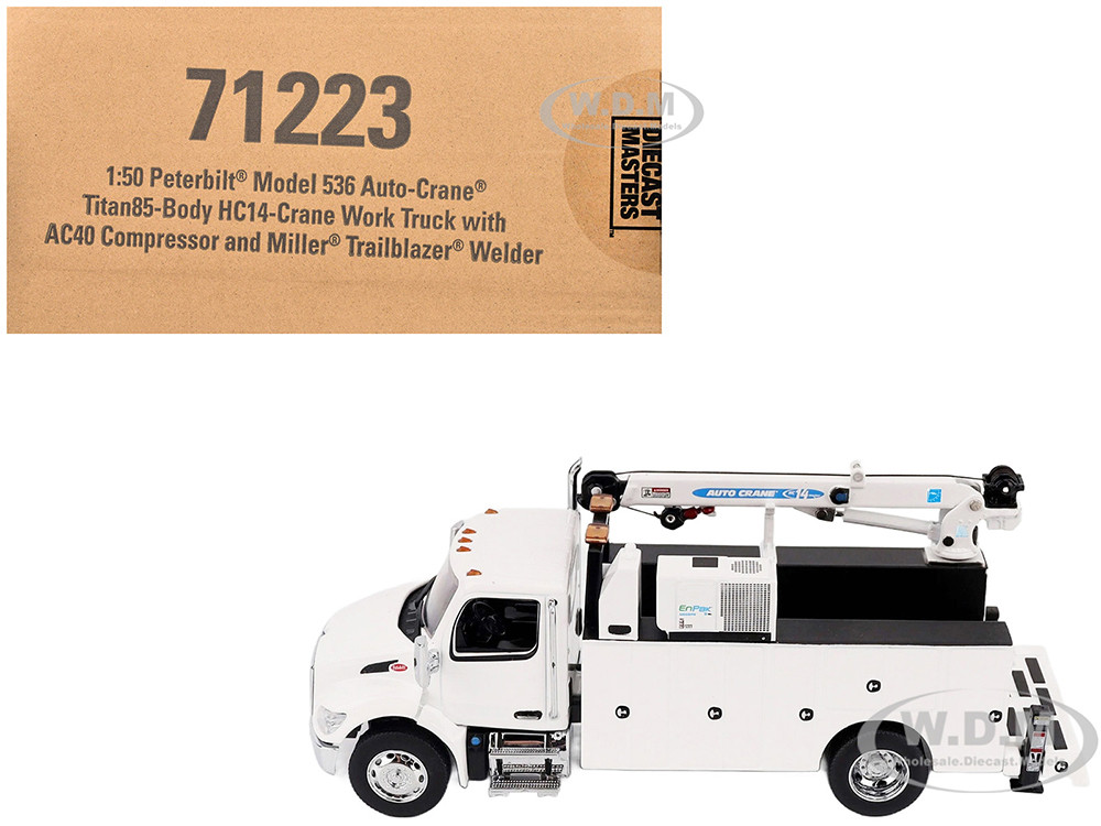Peterbilt 536 Auto-Crane Titan 85-Body HC14-Crane Work Truck with Miller EnPak White "Transport Series" 1/50 Diecast Model by Diecast Masters diecast model