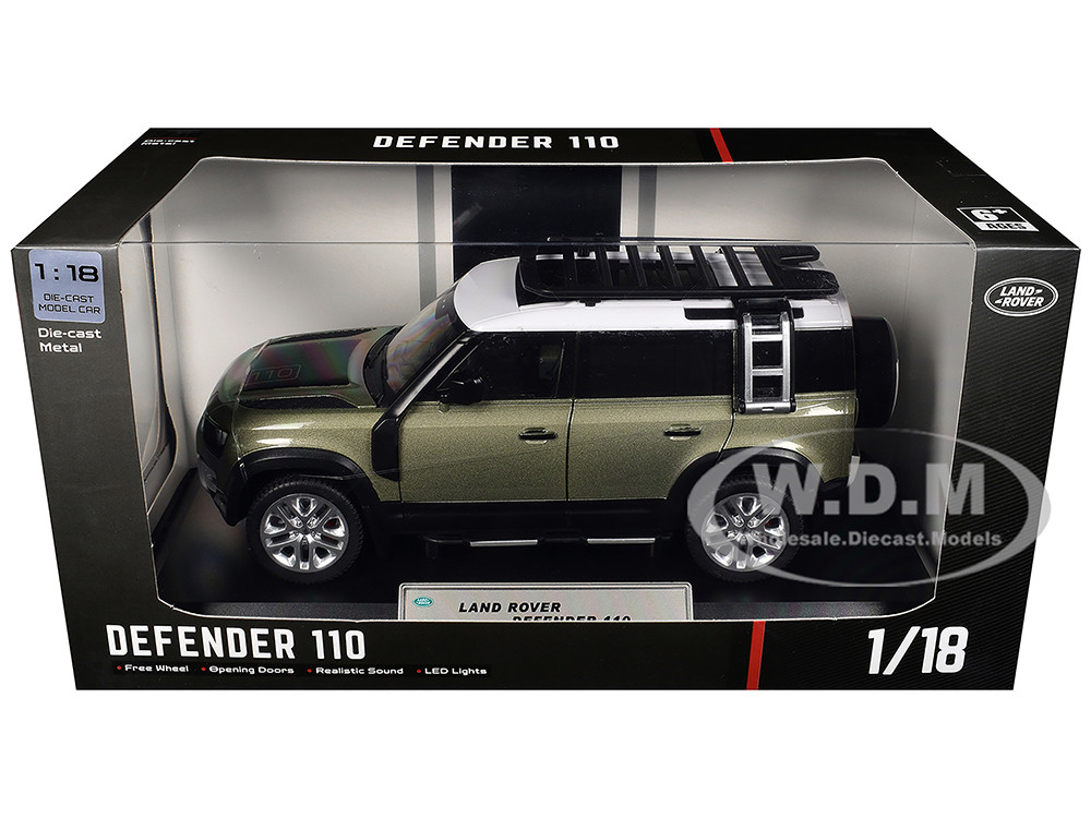 Land Rover Defender 110 Green Metallic with White Top and Roof Rack 1/18 Diecast Model Car by Heimanba diecast model