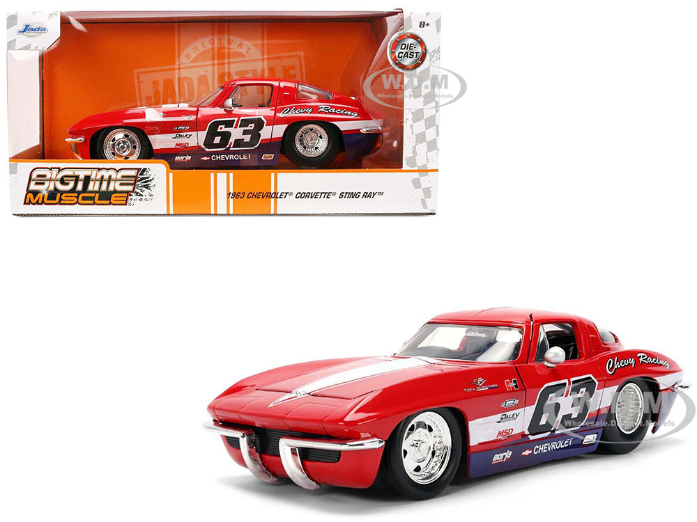 1963 Chevrolet Corvette Stingray #63 "Chevy Racing" Red with White and Blue Stripes "Bigtime Muscle" Series 1/24 Diecast Model Car by Jada diecast model