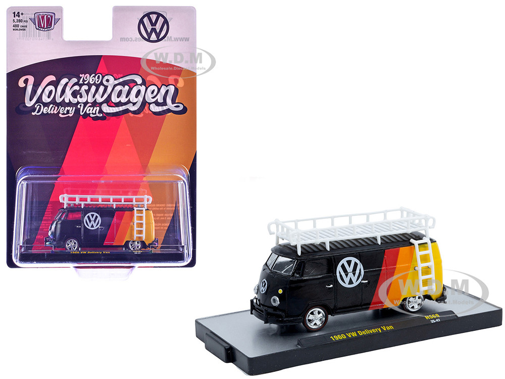 1960 Volkswagen Delivery Van Black with Stripes and White Roof Rack Limited Edition to 5280 pieces Worldwide 1/64 Diecast Model Car by M2 Machines diecast model