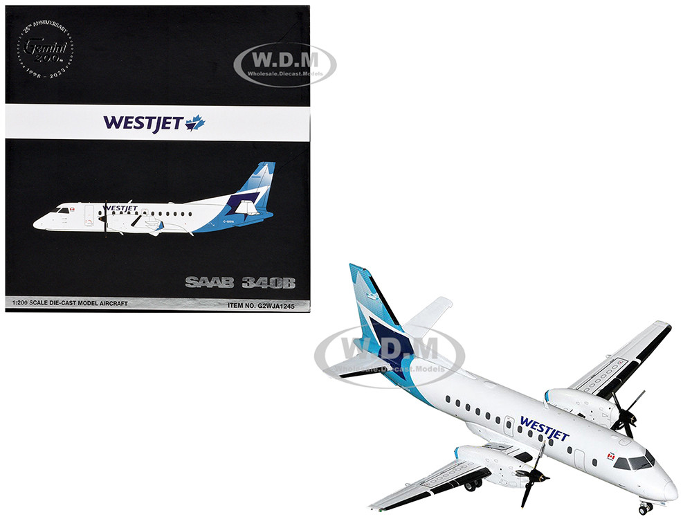 Saab 340B Commercial Aircraft "WestJet" (C-GOIA) White with Blue Stripes and Tail "Gemini 200" Series 1/200 Diecast Model Airplane by GeminiJets diecast model