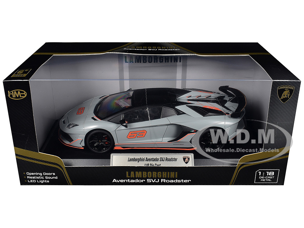Lamborghini Aventador SVJ Roadster Matt Gray with Carbon Top and Orange Accents 1/18 Diecast Model Car by Heimanba diecast model