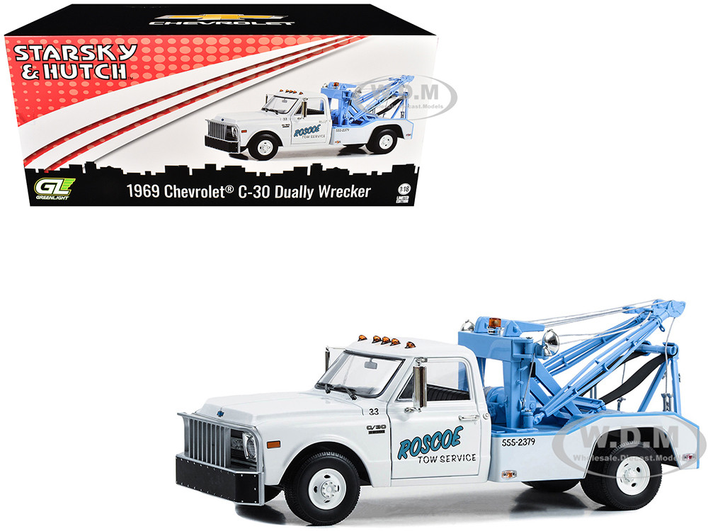 1969 Chevrolet C-30 Dually Wrecker Tow Truck "Roscoe Tow Service" White "Starsky and Hutch" (1975-1979) TV Series 1/18 Diecast Model Car by Greenlight diecast model