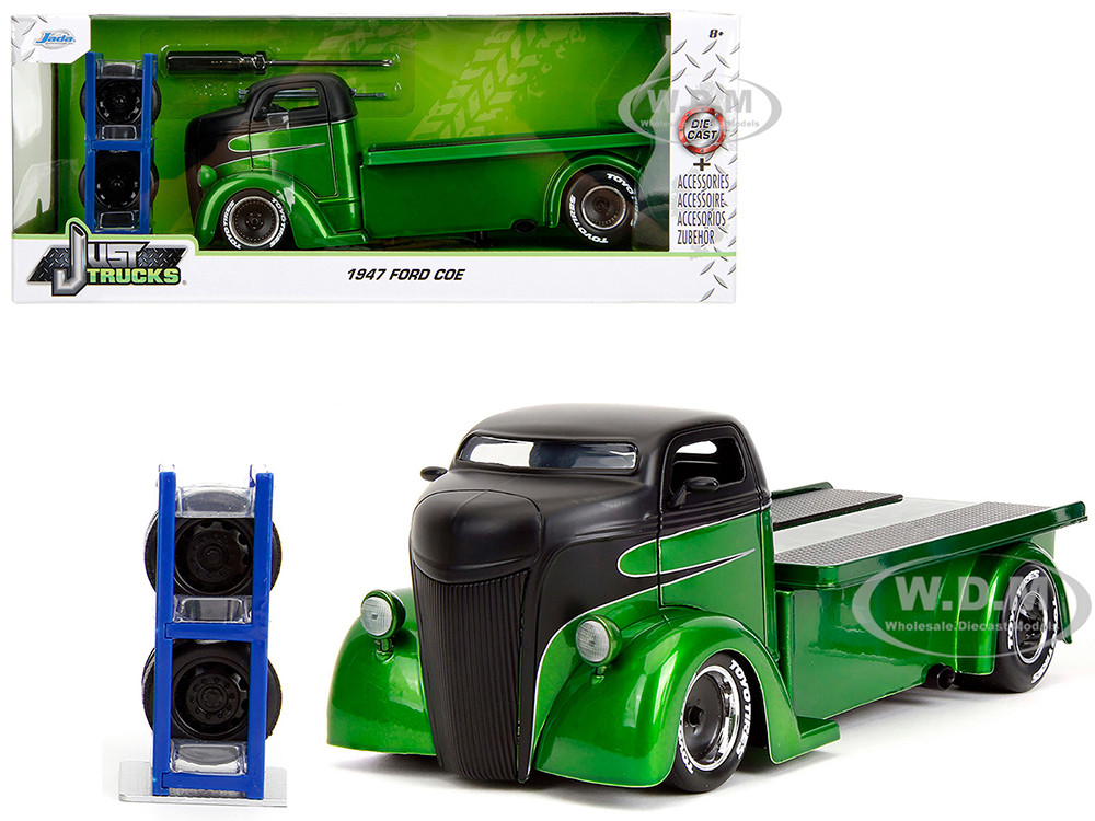 1947 Ford COE Flatbed Truck Green Metallic and Matt Black "Toyo Tires" with Extra Wheels "Just Trucks" Series 1/24 Diecast Model Car by Jada diecast model