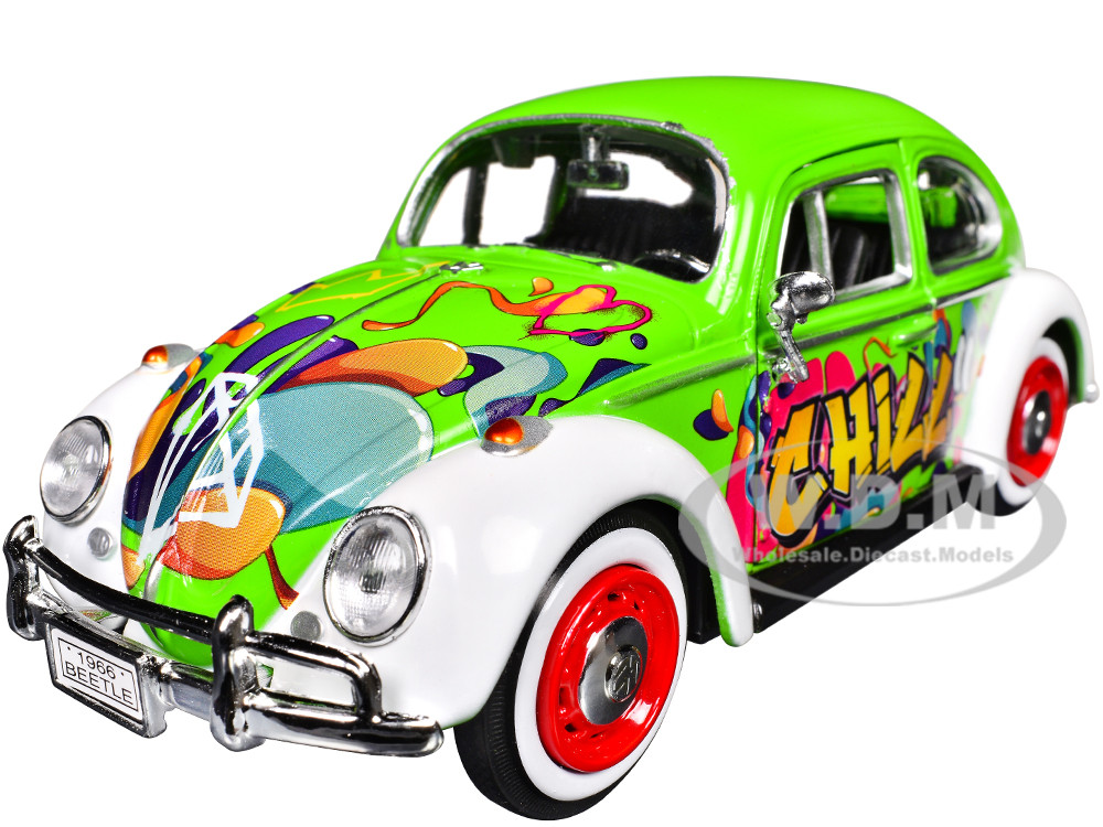 1966 Volkswagen Beetle Green with Graffiti Graphics 1/24 Diecast Model Car by Motormax diecast model