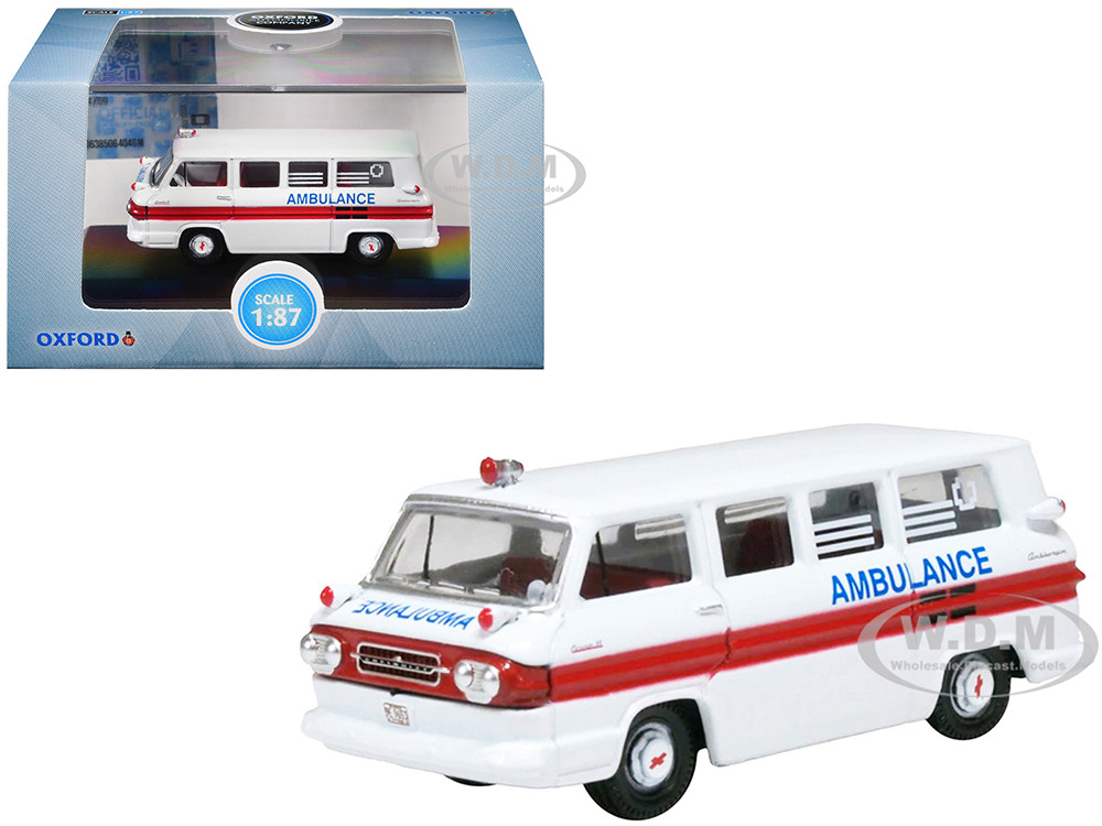 1962 Chevrolet Corvair Greenbrier AmbleWagon Ambulance White with Red Stripes 1/87 (HO) Scale Diecast Model Car by Oxford Diecast diecast model