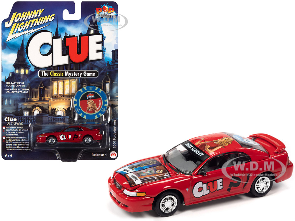 2000 Ford Mustang "Miss Scarlet" Red with Graphics with Poker Chip (Collector Token) "Modern Clue" "Pop Culture" 2022 Release 1 1/64 Diecast Model Car by Johnny Lightning diecast model