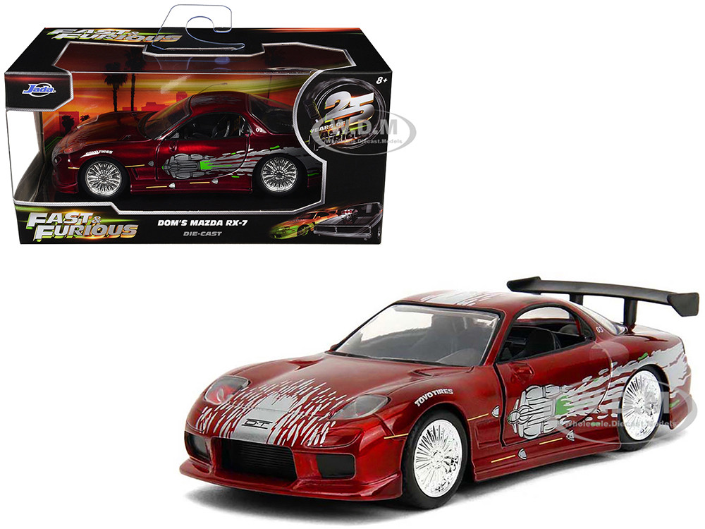 Dom's Mazda RX-7 Candy Red with Graphics "The Fast and the Furious" (2001) Movie "25 Years of Fast & Furious" Series 1/32 Diecast Model Car by Jada diecast model