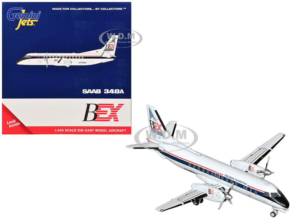Saab 340A Commercial Aircraft "Business Express Airlines - The Delta Connection" (N749BA) White with Blue and Red Stripes 1/400 Diecast Model Airplane by GeminiJets diecast model