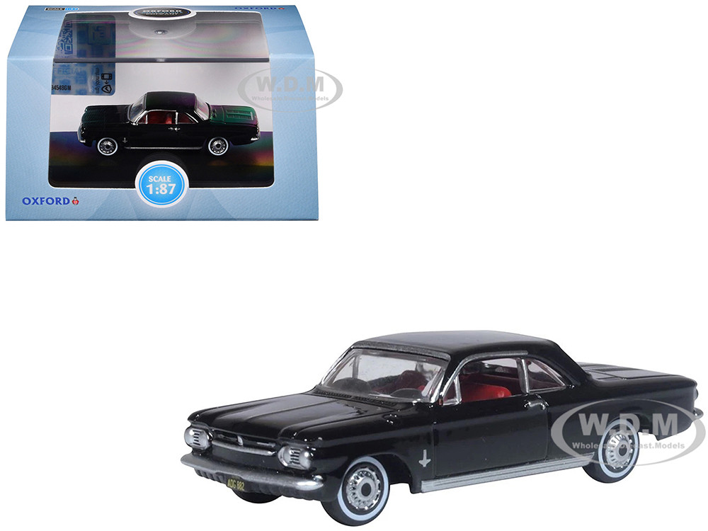 1963 Chevrolet Corvair Coupe Tuxedo Black with Red Interior  1/87 (HO) Scale Diecast Model Car by Oxford Diecast diecast model