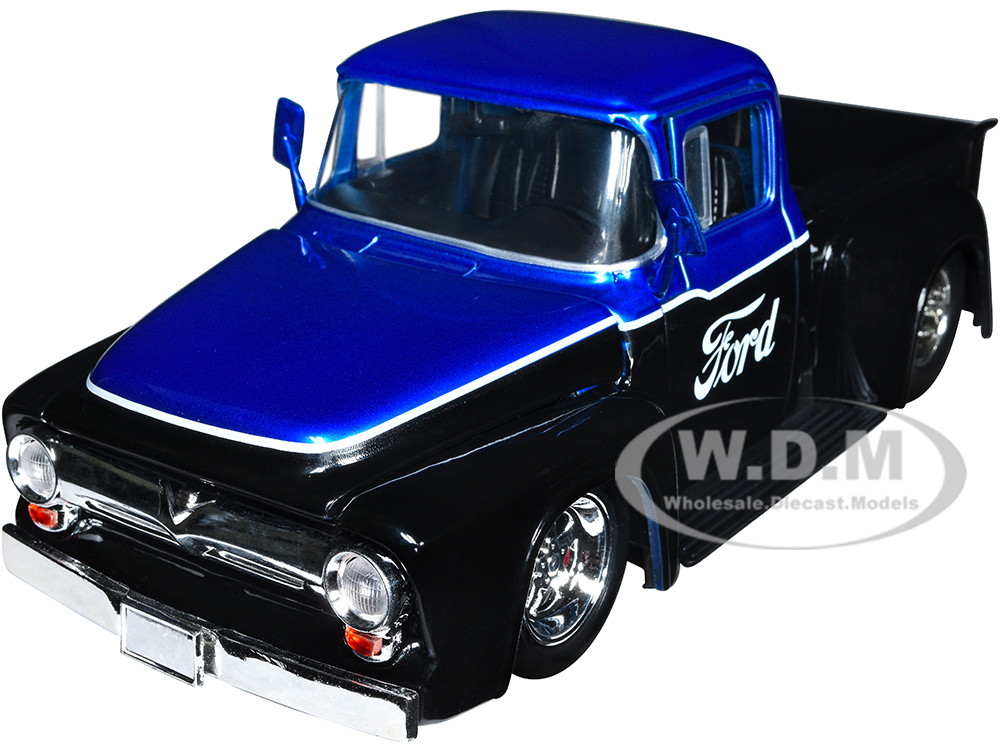 1956 Ford F-100 Pickup Truck Black and Blue Metallic with Ford Graphics "Just Trucks" Series 1/24 Diecast Model Car by Jada diecast model