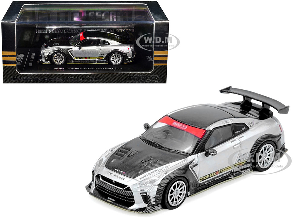 Nissan GT-R (R35) Top Secret RHD (Right Hand Drive) Silver Metallic with Carbon Hood and Top "Tokyo Auto Salon Hong Kong 2025 Event Edition" 1/64 Diecast Model Car by Inno Models diecast model