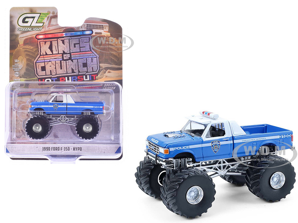 1990 Ford F-350 Monster Truck "NYPD (New York Police Department)" Blue with White Top "Kings of Crunch - Hot Pursuit" Special Edition 1/64 Diecast Model Car by Greenlight diecast model