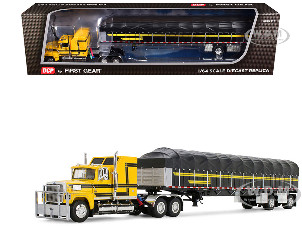 Ford LTL 9000 with 60" Aerodyne Sleeper and 53' Wilson Roadbrute Flatbed Trailer with Covered Wagon Yellow with Black Stripes 1/64 Diecast Model by DCP/First Gear diecast model