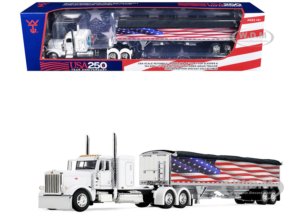 Peterbilt 389 with 48" Flat Top Sleeper and 43' Wilson Pacesetter High Side Grain Trailer "Wilson USA 250" White 1/64 Diecast Model by DCP/First Gear diecast model