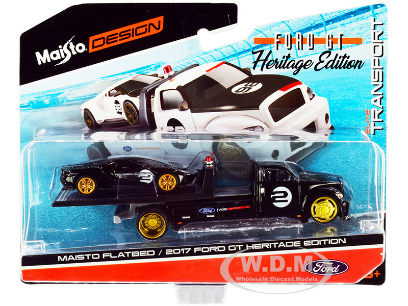 2017 Ford GT #2 Heritage Edition with Flatbed Truck Black "Elite Transport" Series 1/64 Diecast Model Cars by Maisto diecast model