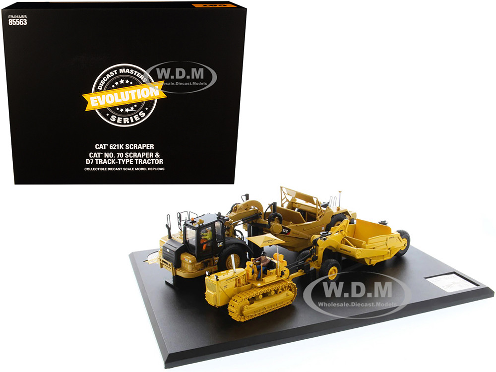 CAT Caterpillar 621K Tractor Scraper and CAT Caterpillar D7 Track-Type Tractor with No. 70 Scraper Set "Evolution Series" 1/50 Diecast Models by Diecast Masters diecast model