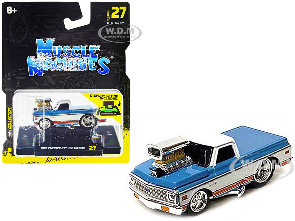 1972 Chevrolet C10 Pickup Truck Blue and White with Stripes 1/64 Diecast Model Car by Muscle Machines diecast model
