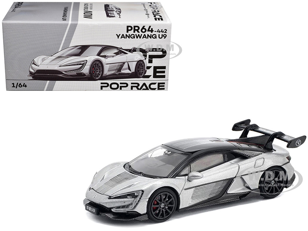 Yangwang U9 Silver Metallic with Black Top and Stripes 1/64 Diecast Model Car by Pop Race diecast model