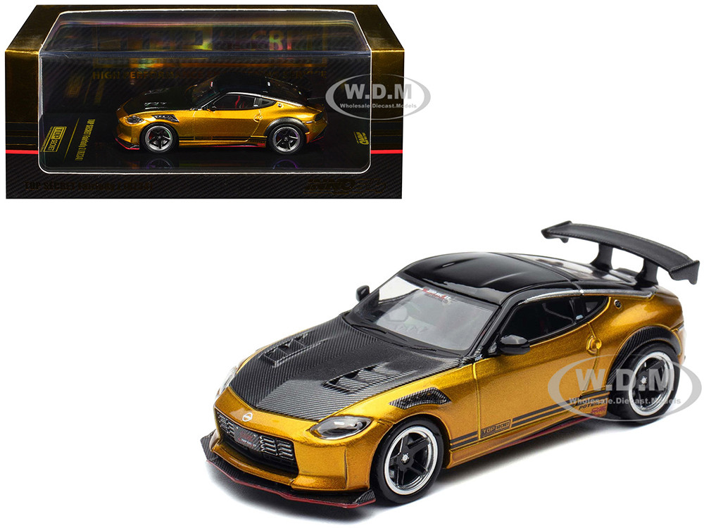 Nissan Fairlady Z Top Secret (RZ34) RHD (Right Hand Drive) Gold Metallic with Carbon Hood and Black Top 1/64 Diecast Model Car by Inno Models diecast model