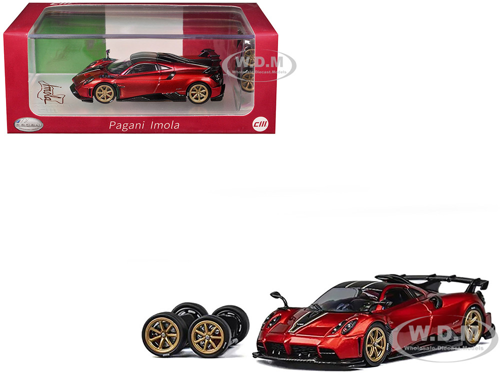Pagani Imola Red Metallic with Carbon Top and Stripes with Extra Wheels 1/64 Diecast Model Car by CM Model diecast model