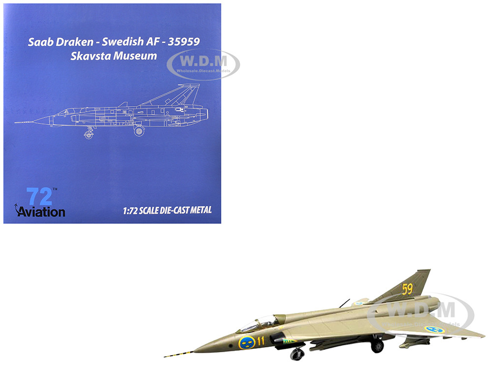 Saab S35 Draken Fighter Aircraft "59, F 11 Wing, Skavsta Museum" (1979) Swedish Air Force 1/72 Diecast Model Airplane by Aviation 72 diecast model