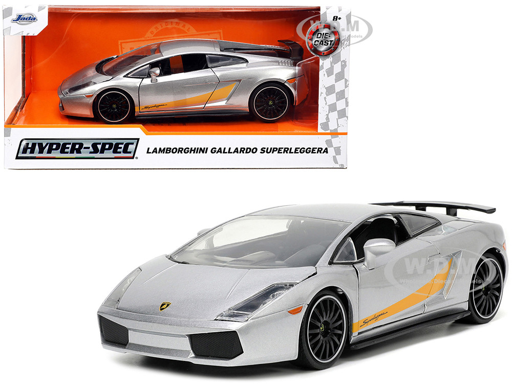 Lamborghini Gallardo Superleggera Silver Metallic with Yellow Stripes "Hyper-Spec" Series 1/24 Diecast Model Car by Jada diecast model