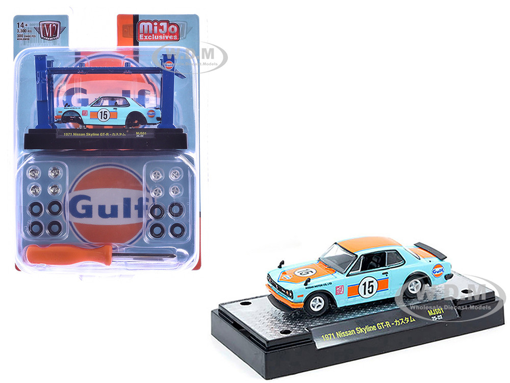 1971 Nissan Skyline GT-R RHD (Right Hand Drive) #15 "Gulf Oil" Light Blue and Orange "Auto-Lifts" Series Limited Edition to 3300 pieces Worldwide 1/64 Diecast Model Car by M2 Machines diecast model