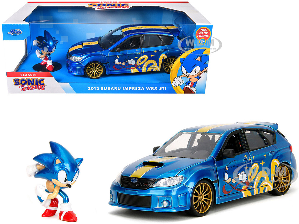 2012 Subaru Impreza WRX STI Blue Metallic with Graphics and Sonic The Hedgehog Diecast Figure "Sonic The Hedgehog" "Hollywood Rides" Series 1/24 Diecast Model Car by Jada diecast model