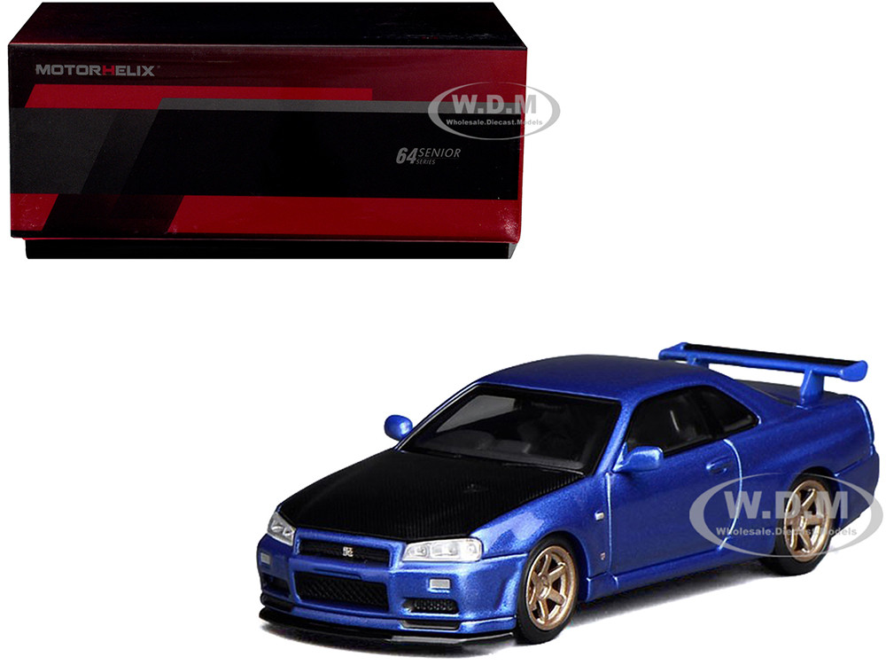 Nissan Skyline GT-R (R34) V-Spec II RHD (Right Hand Drive) Bayside Blue Metallic with Carbon Hood "Senior 64" Series 1/64 Diecast Model Car by MotorHelix diecast model