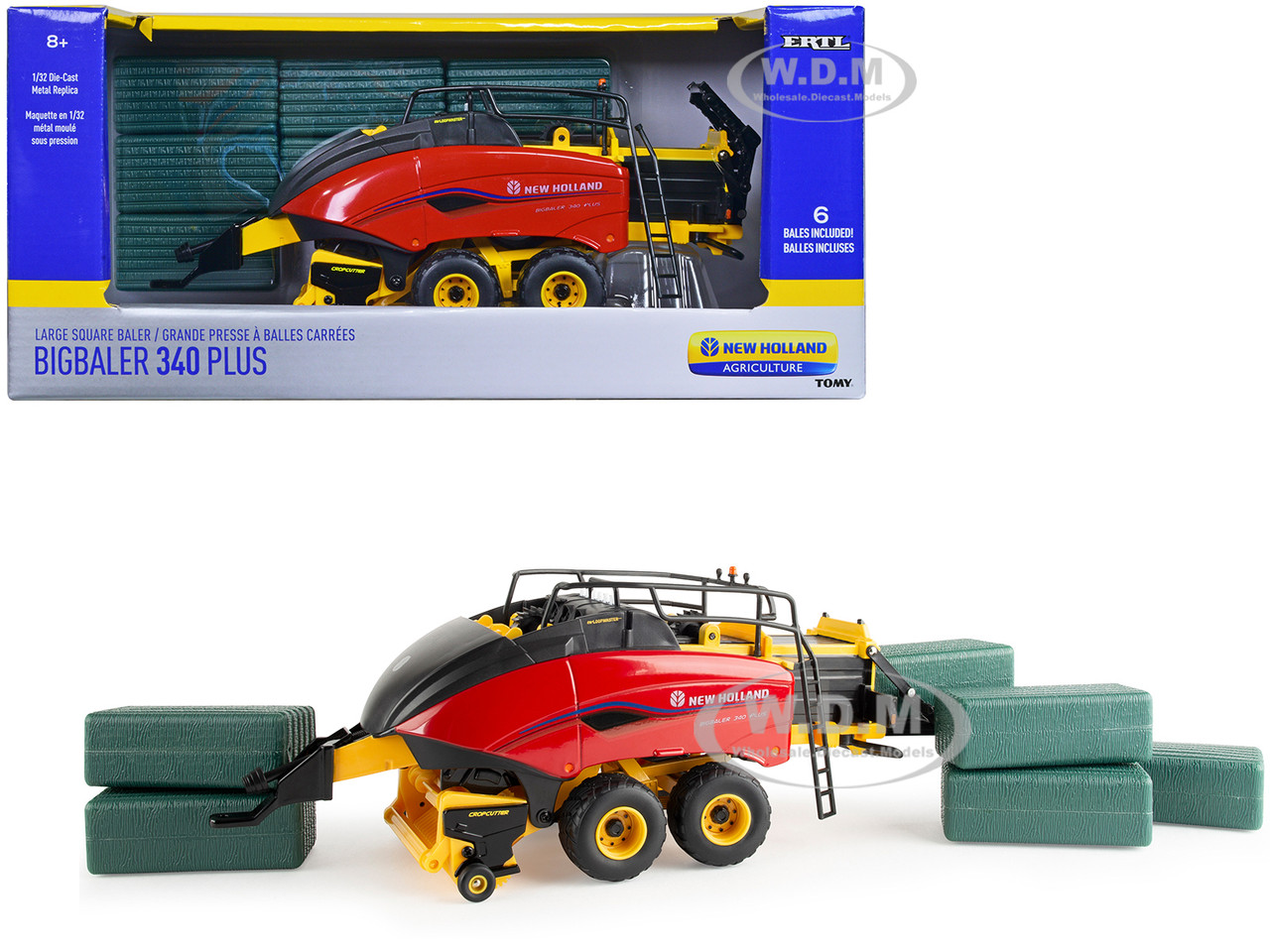 New Holland BigBaler 340 Plus Large Square Baler Red and Yellow with 6 Bales "New Holland Agriculture" Series 1/32 Diecast Model by ERTL TOMY diecast model
