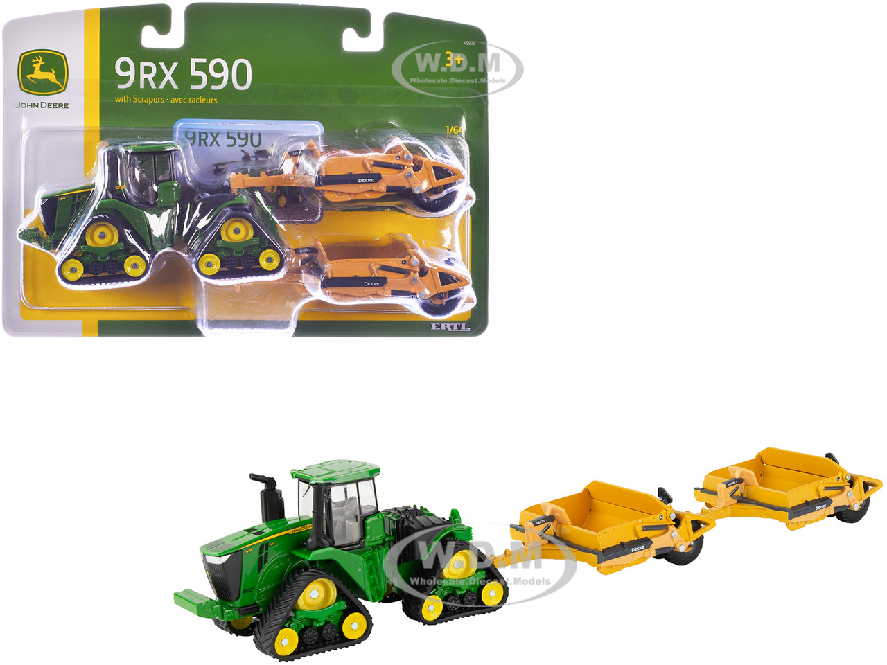 John Deere 9RX 590 Tractor Green with Two 1812D C Scrapers Yellow 1/64 Diecast Model by ERTL TOMY diecast model