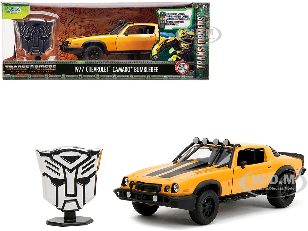 1977 Chevrolet Camaro Off-Road Version "Bumblebee" Yellow Metallic with Black Stripes and Transformers Logo Diecast Statue "Transformers: Rise of the Beasts" (2023) Movie "Hollywood Rides" Series 1/24 Diecast Model Car by Jada diecast model